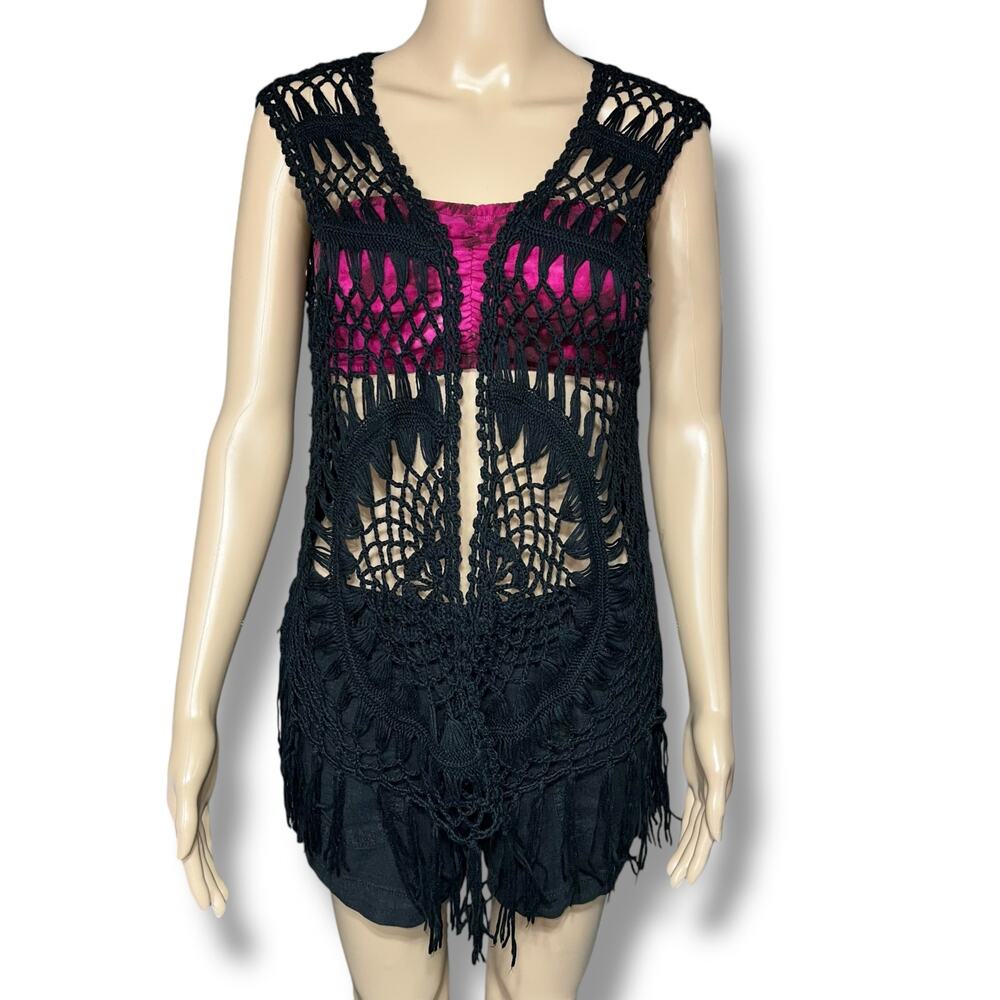 Staccato Womens Crochet Cardigan Sweater Fringe Open Knit Sleeveless Black S M